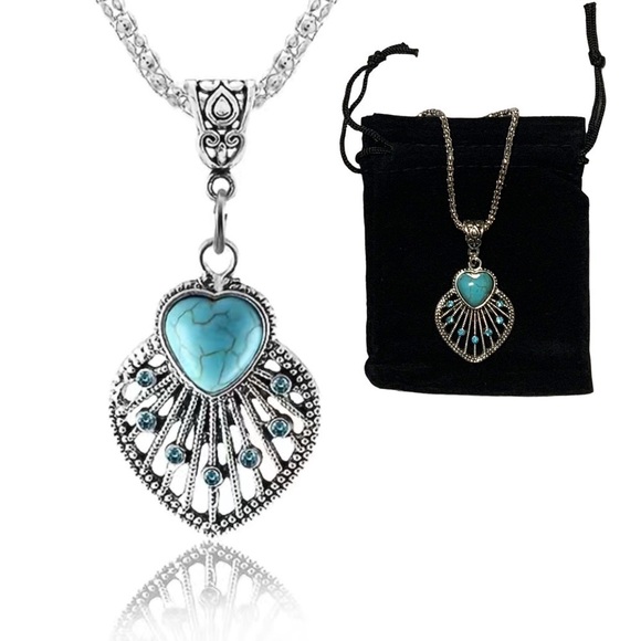 Bee Happy Market Boutique Jewelry - Boho Chic Necklace Southwestern Turquoise Silver Vibe Pendant Chain Gift Pouch